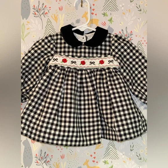 Vintage style Bonnie Jean Baby Black Gingham Baby Christmas Party Dress 0-3 Mon - Picture 4 of 15